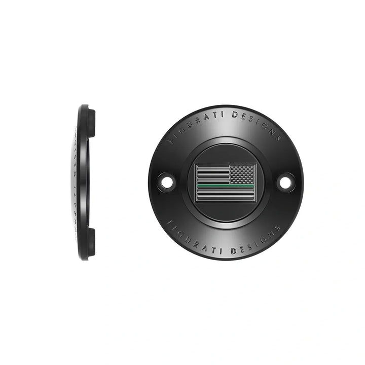 Figurati Designs – Harley-Davidson Stainless-Steel in Black Thin Green Line American Flag - Reversed M8 Timing Cover – FD72-TC-2H-BLK