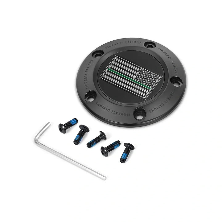 Figurati Designs – Harley-Davidson Stainless-Steel in Black Thin Green Line American Flag- Reversed Twin Cam Timing Cover – FD72-TC-5H-BLK