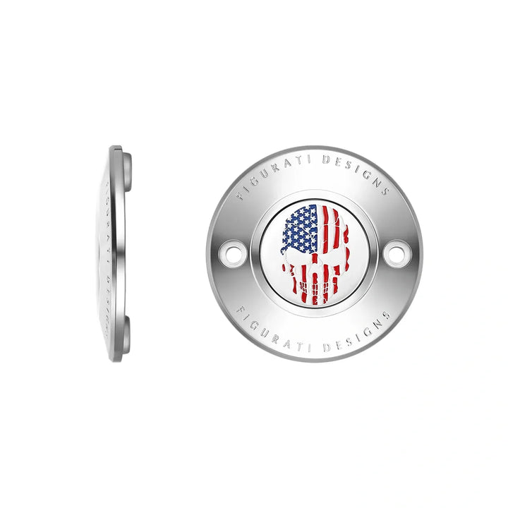 Figurati Designs – Harley-Davidson Stainless-Steel Red White and Blue American Flag Skull M8 Timing Cover – FD24-TC-2H-SS
