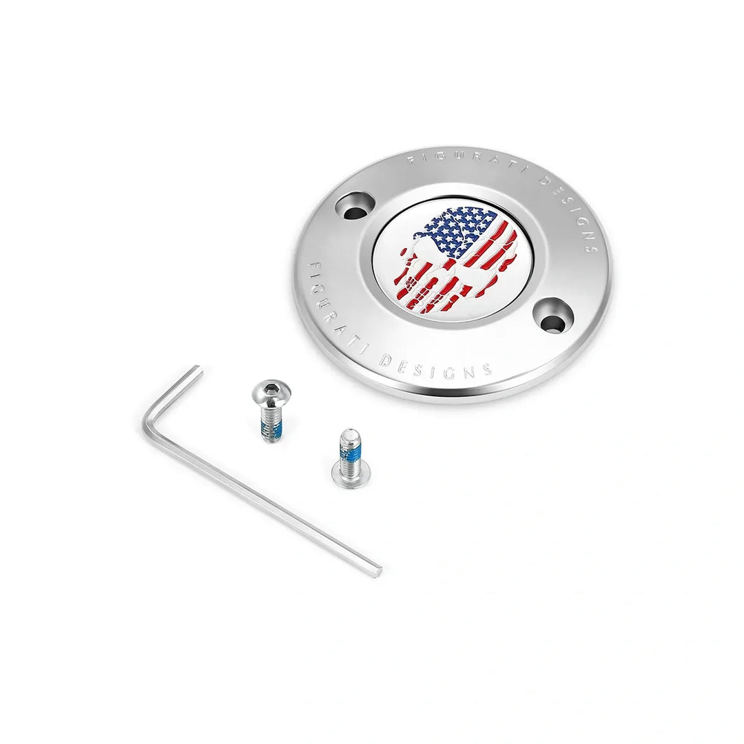 Figurati Designs – Harley-Davidson Stainless-Steel Red White and Blue American Flag Skull M8 Timing Cover – FD24-TC-2H-SS