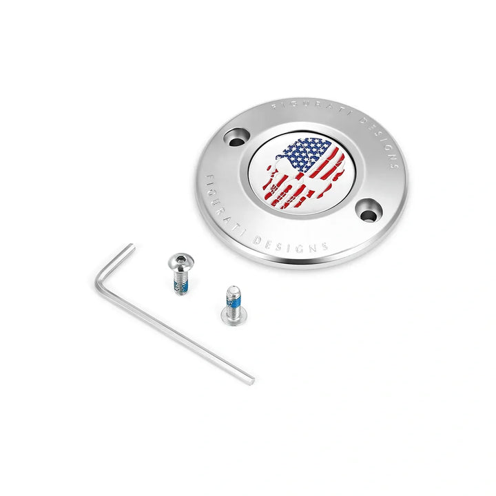 Figurati Designs – Harley-Davidson Stainless-Steel Red White and Blue American Flag Skull M8 Timing Cover – FD24-TC-2H-SS