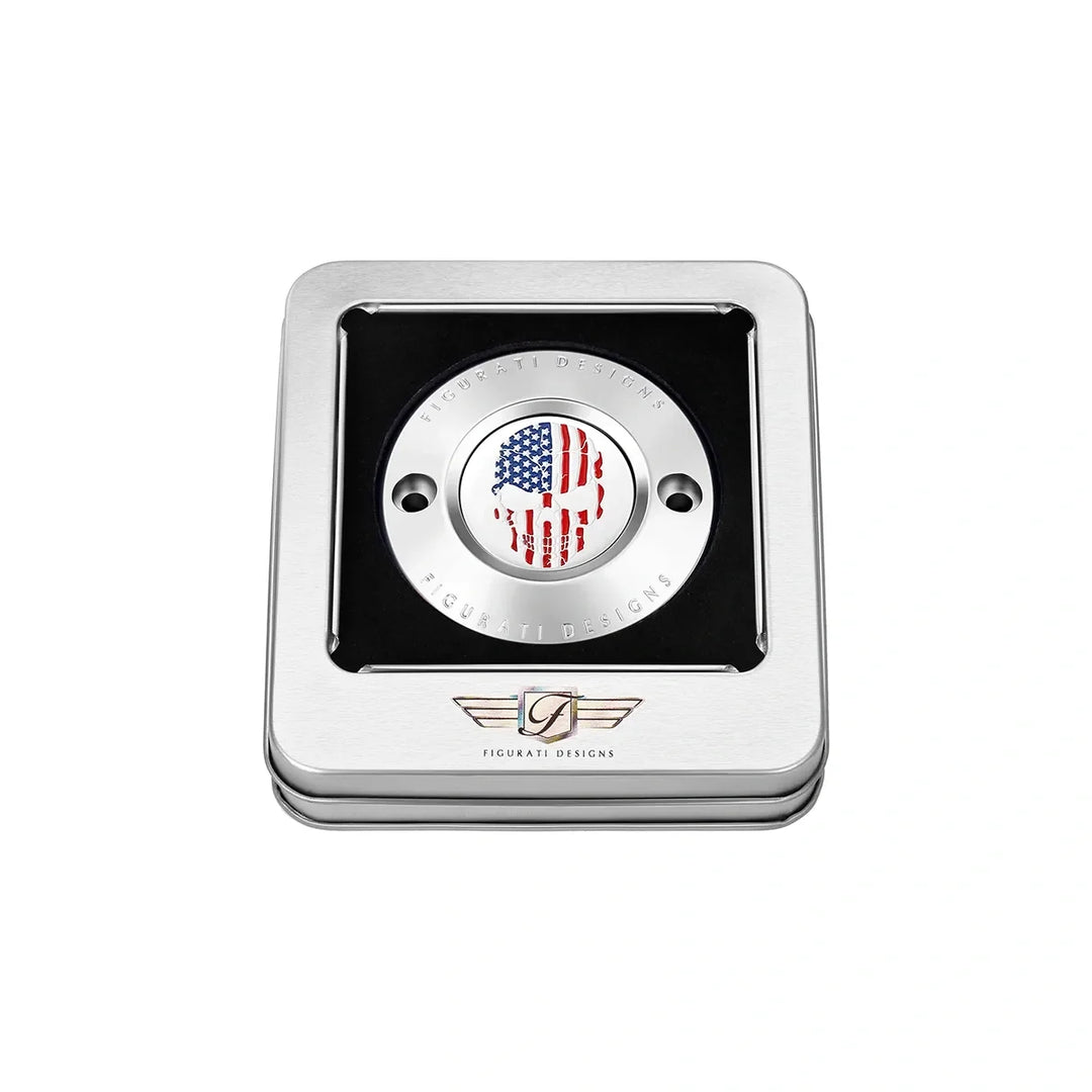 Figurati Designs – Harley-Davidson Stainless-Steel Red White and Blue American Flag Skull M8 Timing Cover – FD24-TC-2H-SS