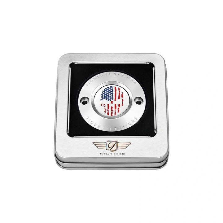 Figurati Designs – Harley-Davidson Stainless-Steel Red White and Blue American Flag Skull M8 Timing Cover – FD24-TC-2H-SS