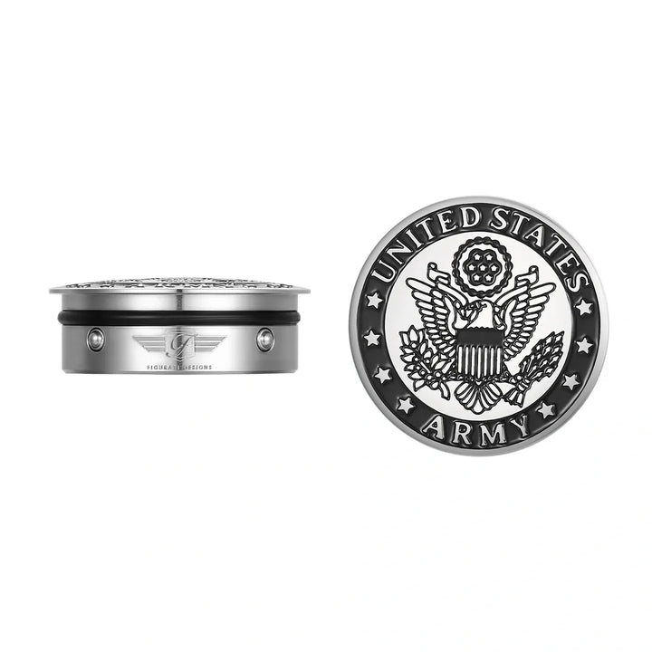Figurati Designs – *Officially Licensed* Harley-Davidson Stainless-Steel / Black Swing Arm Covers Army Seal – FD81-ARMY-SS