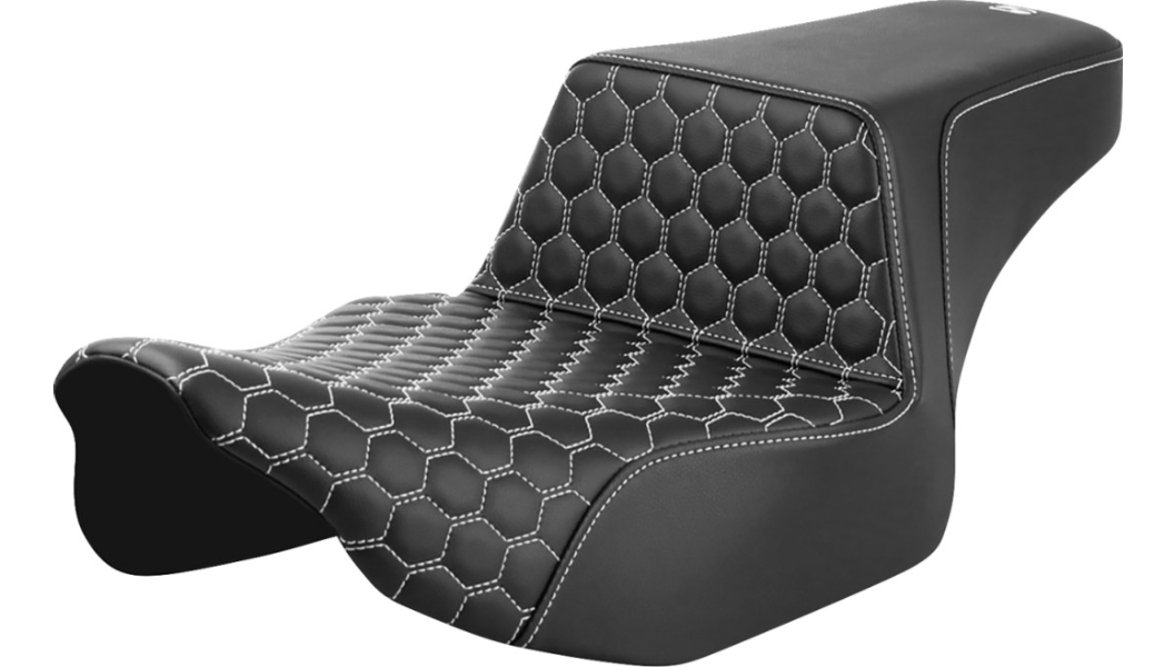Saddlemen Step-Up Seat - Extended Reach - Front Honeycomb - White Stitch - 23-24 Street Glide and Road Glide - 823-07-17806