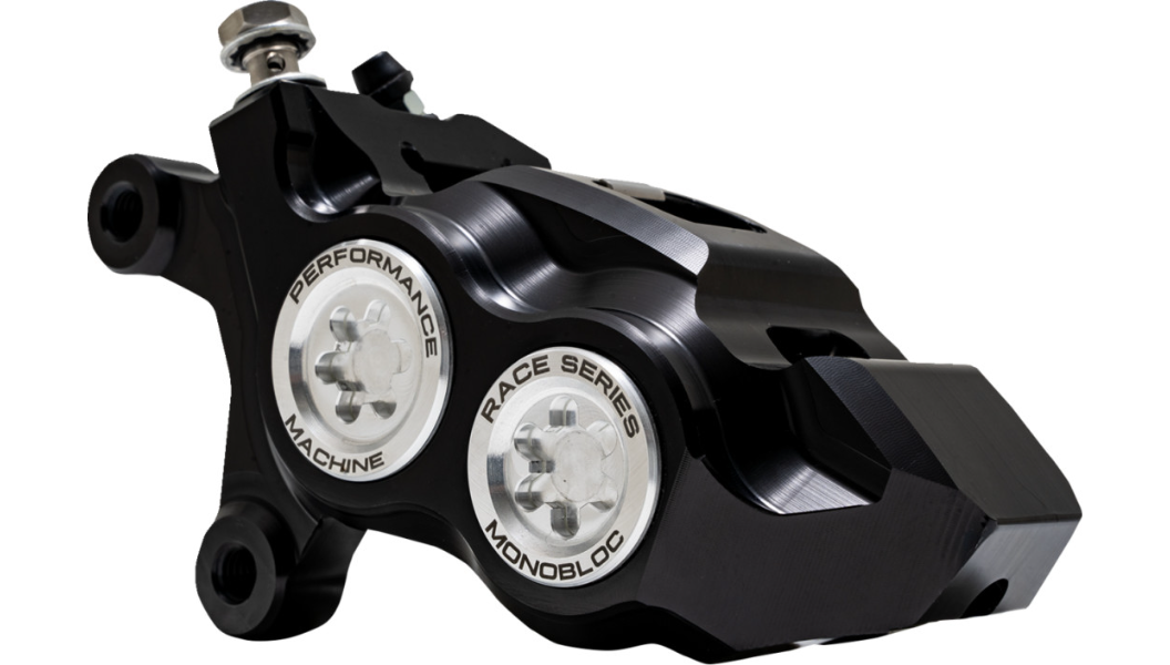 Performance Machine PM Race Series Monobloc Caliper 137 x 4B - Left - Black Anodized with Clear Bore Caps - Softail - 0053-2957-MC
