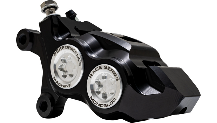 Performance Machine PM Race Series Monobloc Caliper 137 x 4B - Left - Black Anodized with Clear Bore Caps - Softail - 0053-2957-MC