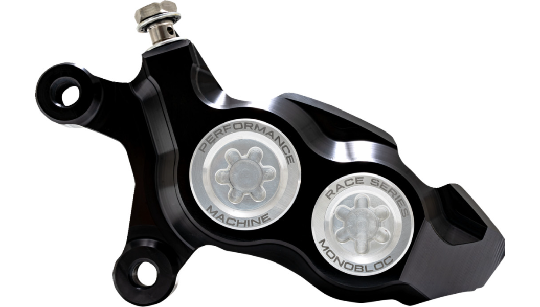 Performance Machine PM Race Series Monobloc Caliper 137 x 4B - Left - Black Anodized with Clear Bore Caps - Softail - 0053-2957-MC