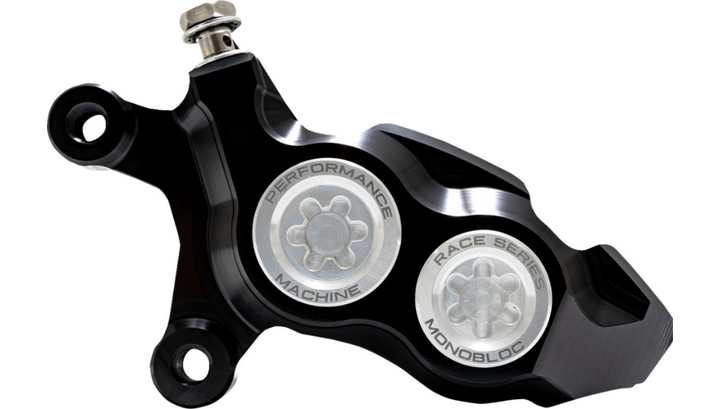 Performance Machine PM Race Series Monobloc Caliper 137 x 4B - Left - Black Anodized with Clear Bore Caps - Softail - 0053-2957-MC