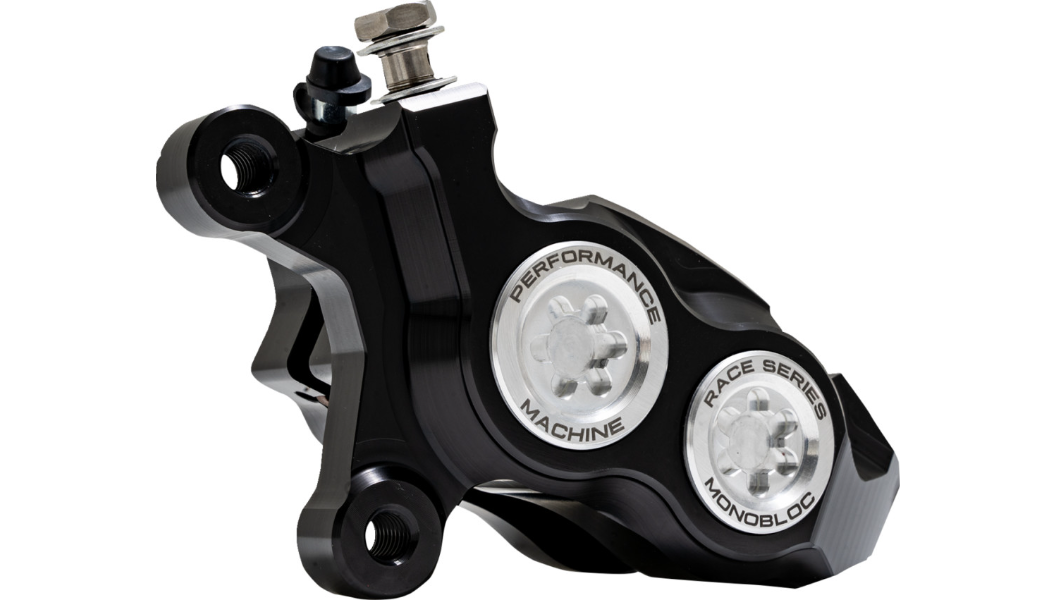 Performance Machine PM Race Series Monobloc Caliper 137 x 4B - Left - Black Anodized with Clear Bore Caps - Softail - 0053-2957-MC