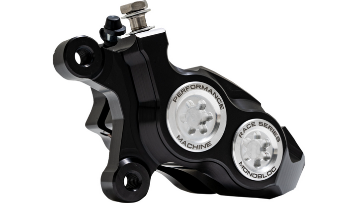 Performance Machine PM Race Series Monobloc Caliper 137 x 4B - Left - Black Anodized with Clear Bore Caps - Softail - 0053-2957-MC