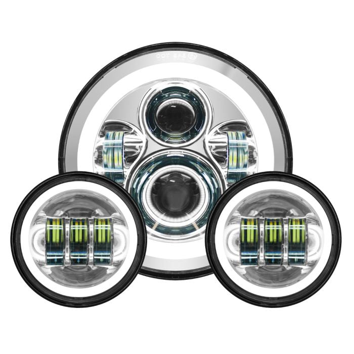 HogWorkz 7" LED Chrome HALOMAKER® Headlight (Daymaker Replacement) with Auxiliary Passing Lamps for Harley® Touring & Softail - HW167004-HW195205 - HW167004-HW195205