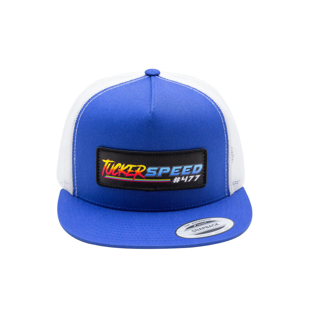 Tucker Speed Race Logo Patch Trucker Hat - Royal Blue / White Mesh