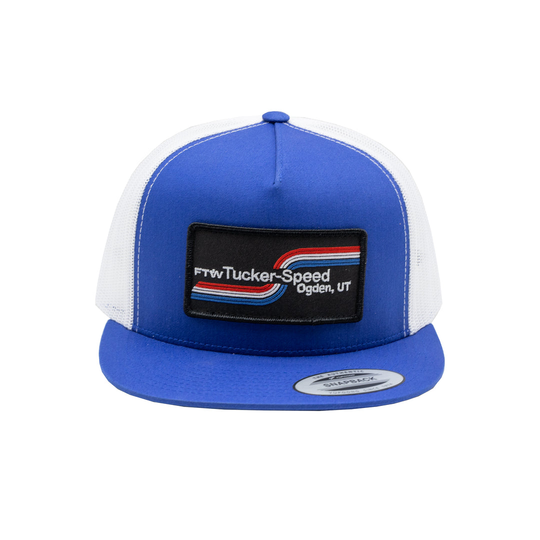 Tucker Speed Swoosh Logo Patch Trucker Hat - Royal Blue / White Mesh