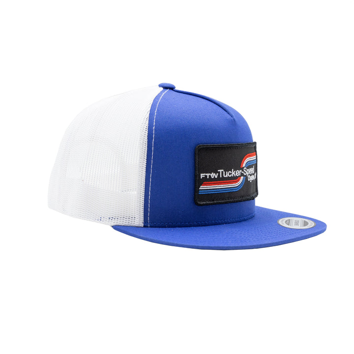 Tucker Speed Swoosh Logo Patch Trucker Hat - Royal Blue / White Mesh