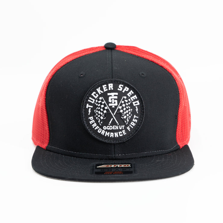 Tucker Speed Performance First Patch Trucker Hat - Black / Red Mesh Back