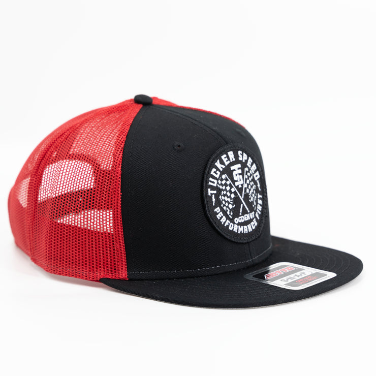 Tucker Speed Performance First Patch Trucker Hat - Black / Red Mesh Back
