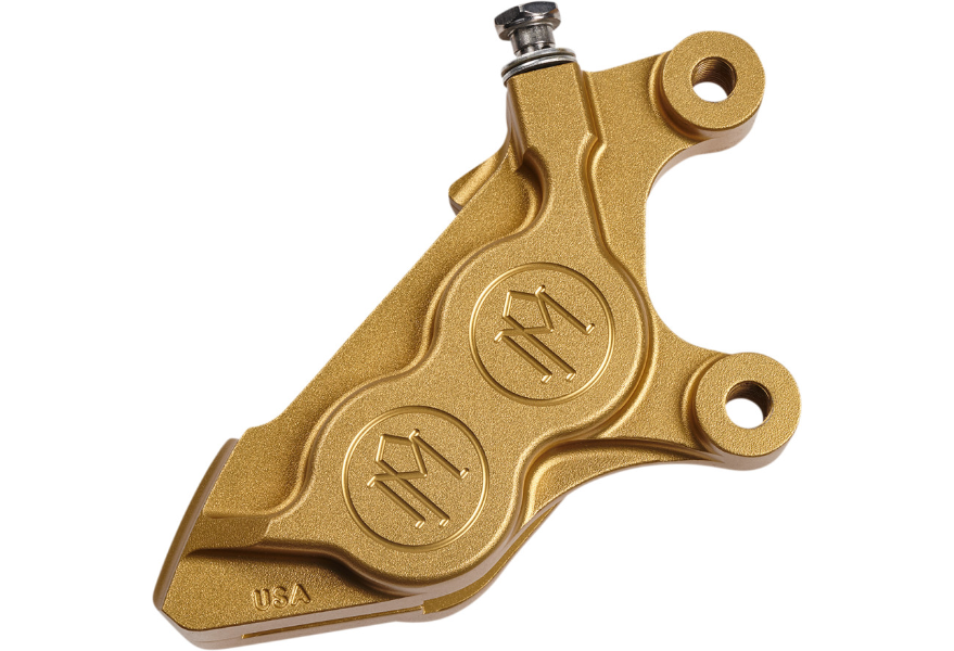 Performance Machine Four-Piston Direct Bolt-On Front Caliper - Right - Gold Ops - Fits 15-20 Softails & 14-20 Sportsters