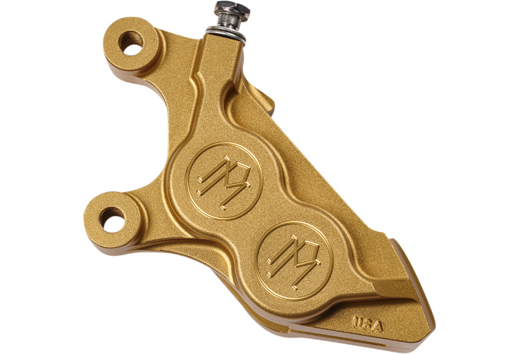 Performance Machine Four-Piston Direct Bolt-On Front Caliper - Left - Gold Ops - Fits 15-20 Softails & 14-20 Sportsters