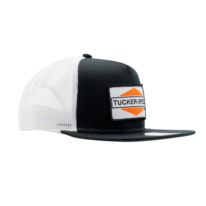 Tucker Speed black & white trucker hat with orange logo patch  Edit alt text (4767657918541)