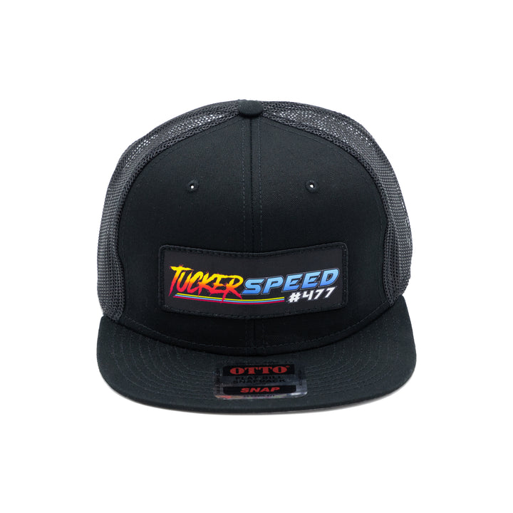 Tucker Speed Race Patch Trucker Hat - Black / Black Mesh